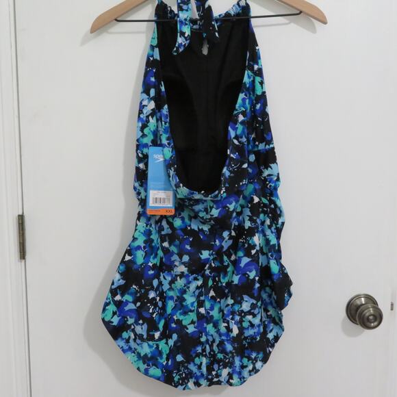 Speedo Womens Sz XXL Blue Pattern One Piece Swimsuit High Neck Tie Back Swimwear - Picture 3 of 7